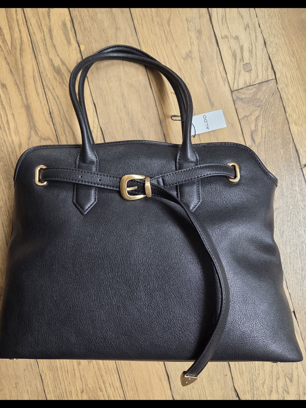 NWT Aldo Black Faux Leather Tote with Gold-Tone Buckle Detail